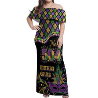 Mardi Gras 504 Nola New Orleans Off Shoulder Maxi Dress Mask Up Beads Out - Wonder Print Shop