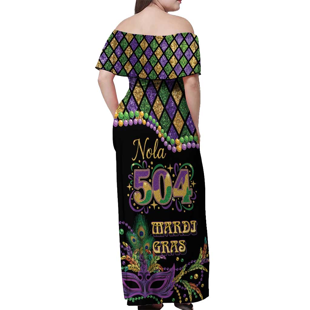 Mardi Gras 504 Nola New Orleans Off Shoulder Maxi Dress Mask Up Beads Out - Wonder Print Shop