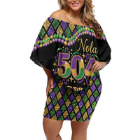 Mardi Gras 504 Nola New Orleans Off Shoulder Short Dress Mask Up Beads Out - Wonder Print Shop