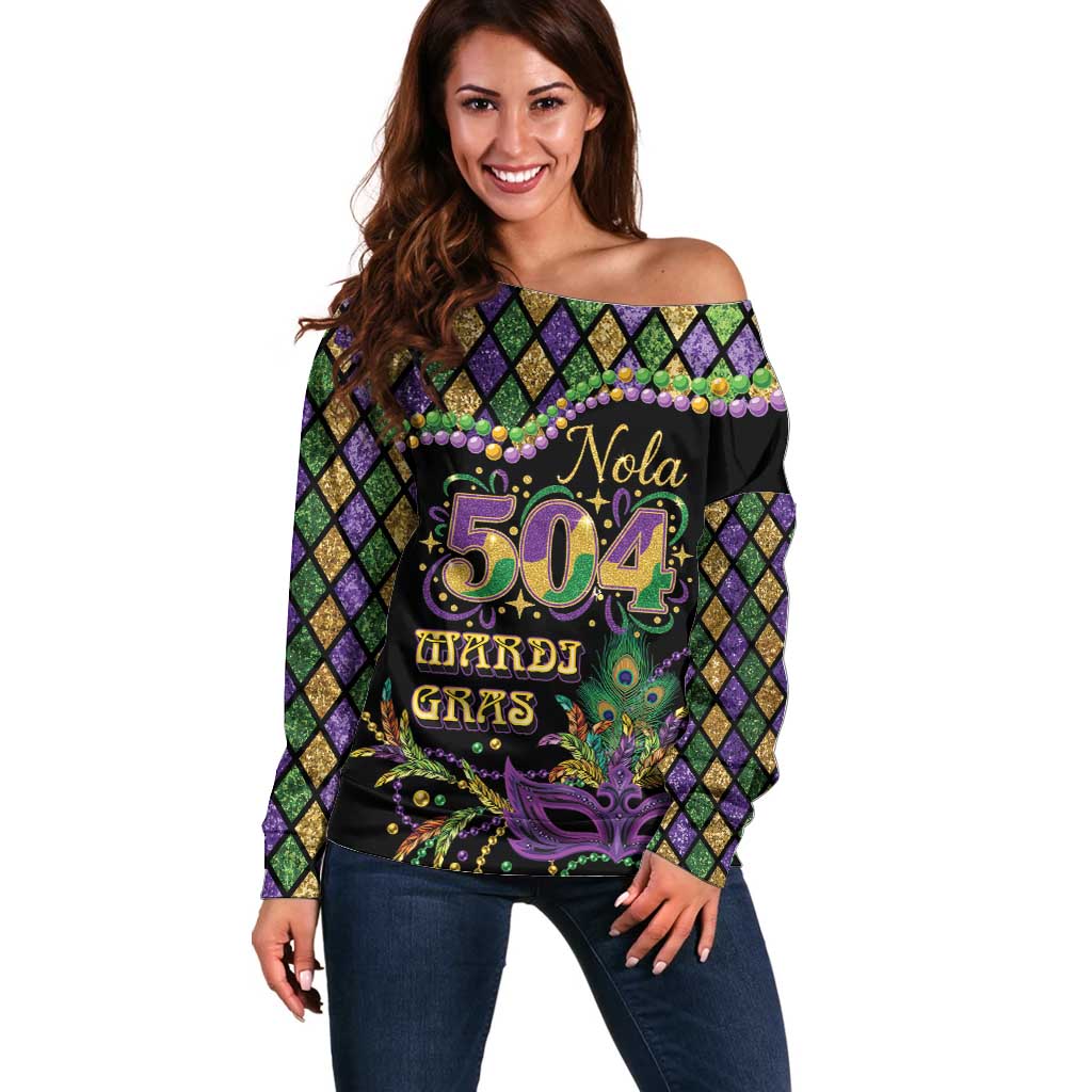 Mardi Gras 504 Nola New Orleans Off Shoulder Sweater Mask Up Beads Out - Wonder Print Shop