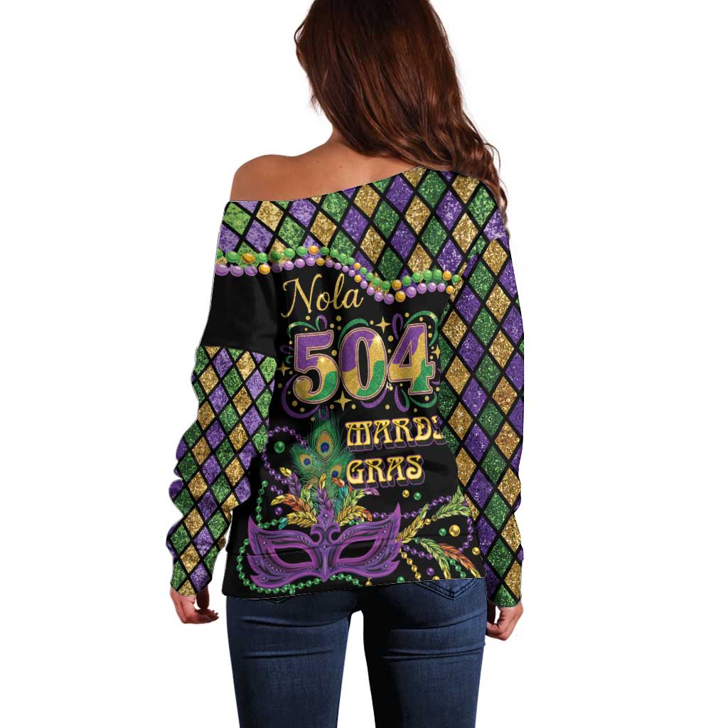 Mardi Gras 504 Nola New Orleans Off Shoulder Sweater Mask Up Beads Out - Wonder Print Shop