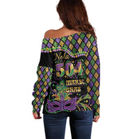 Mardi Gras 504 Nola New Orleans Off Shoulder Sweater Mask Up Beads Out - Wonder Print Shop