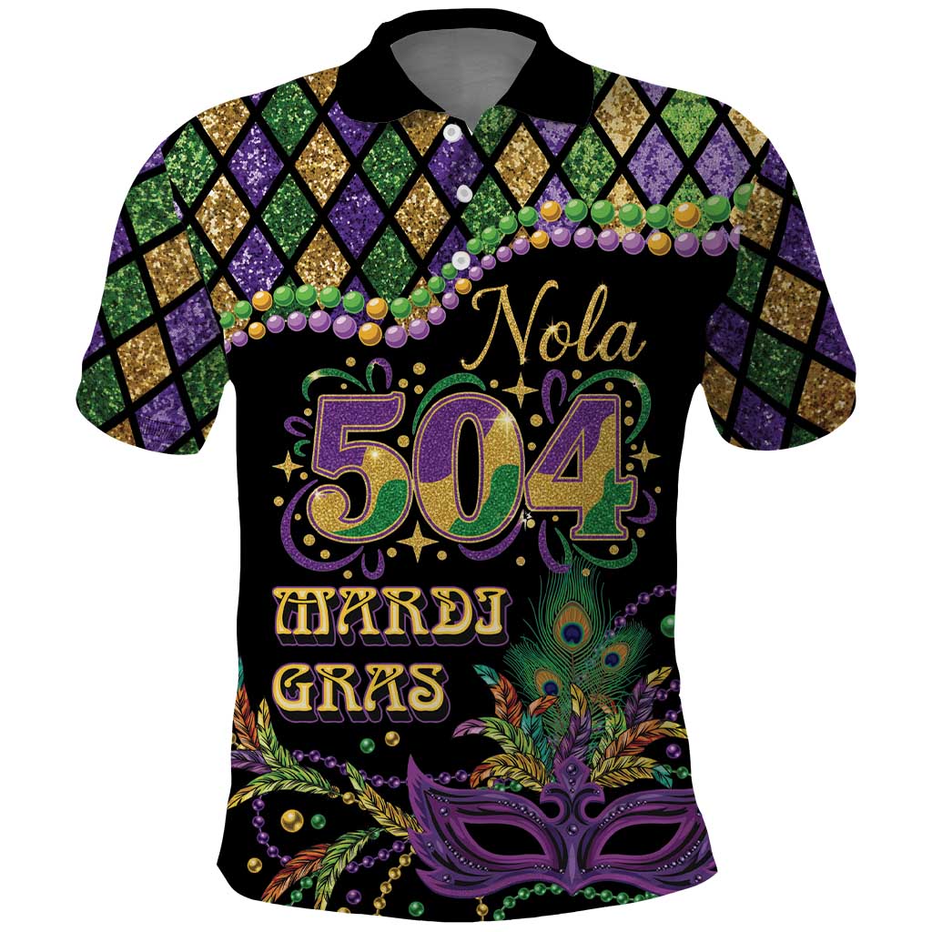 Mardi Gras 504 Nola New Orleans Polo Shirt Mask Up Beads Out - Wonder Print Shop