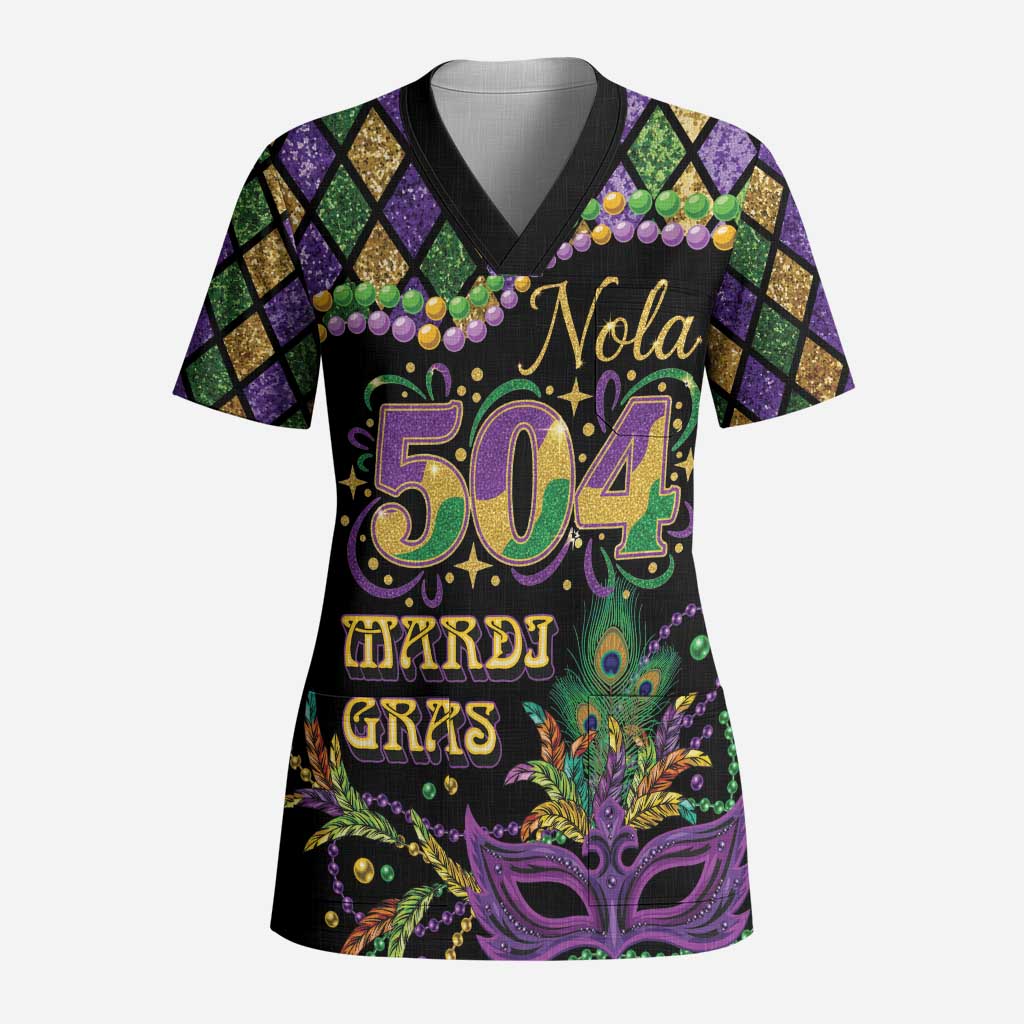 Mardi Gras 504 Nola New Orleans Scrub Top Mask Up Beads Out - Wonder Print Shop