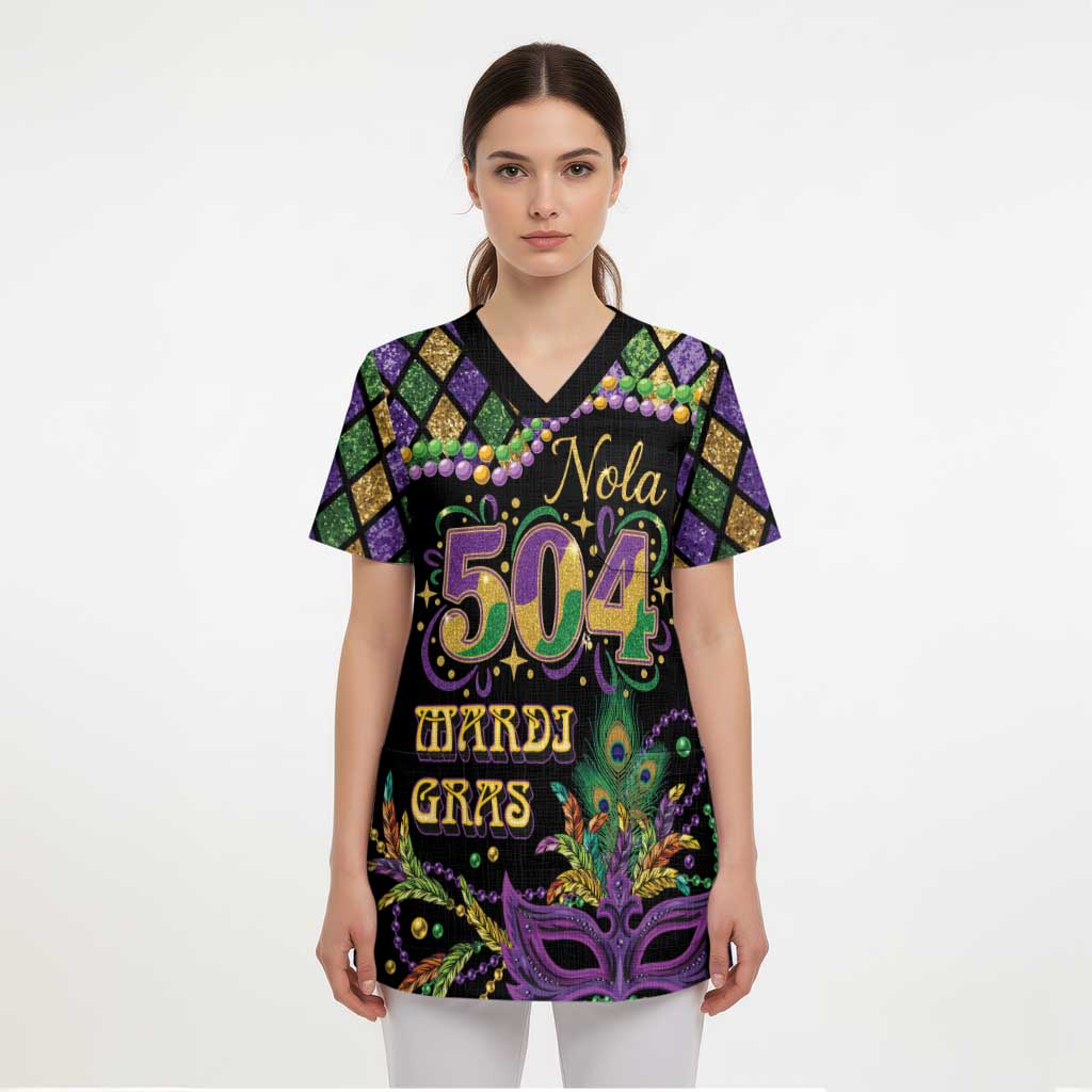 Mardi Gras 504 Nola New Orleans Scrub Top Mask Up Beads Out - Wonder Print Shop