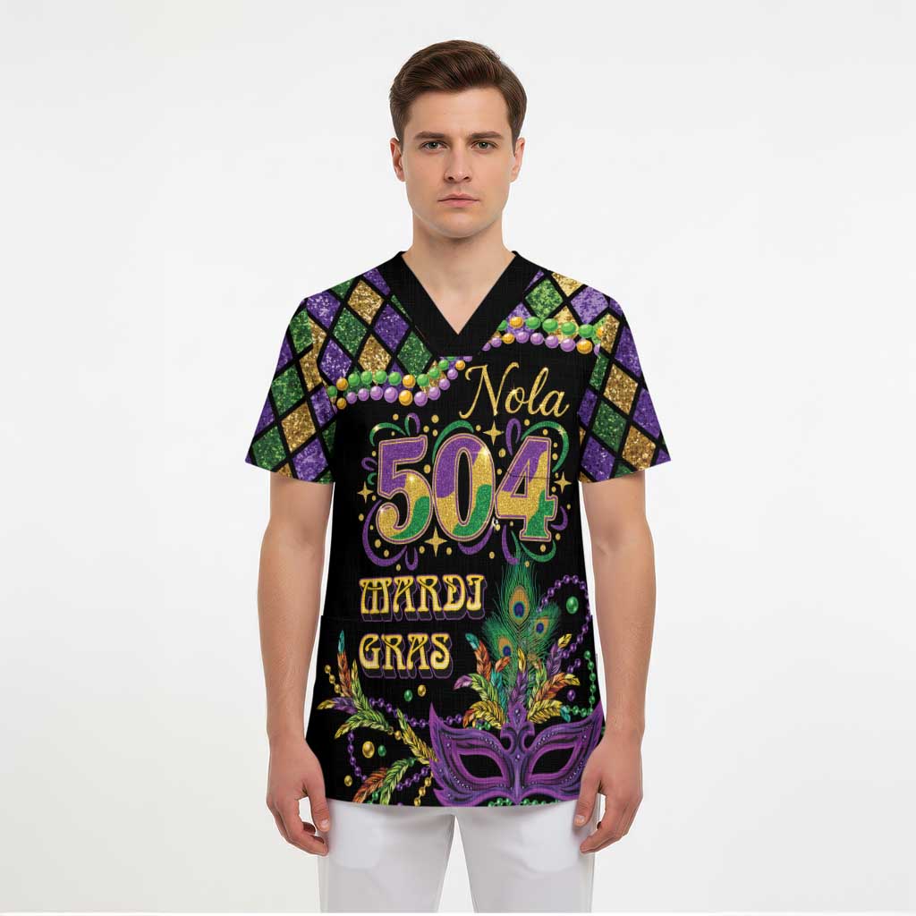 Mardi Gras 504 Nola New Orleans Scrub Top Mask Up Beads Out - Wonder Print Shop