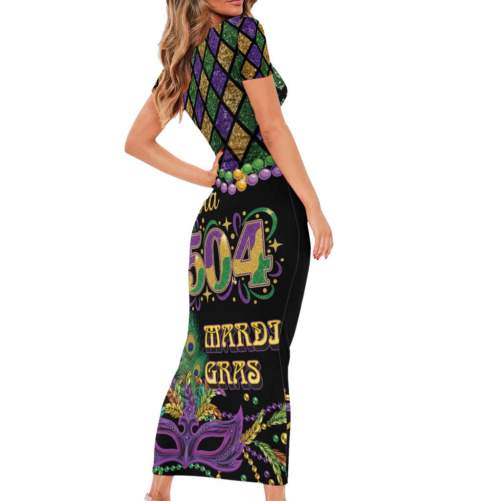 Mardi Gras 504 Nola New Orleans Short Sleeve Bodycon Dress Mask Up Beads Out - Wonder Print Shop