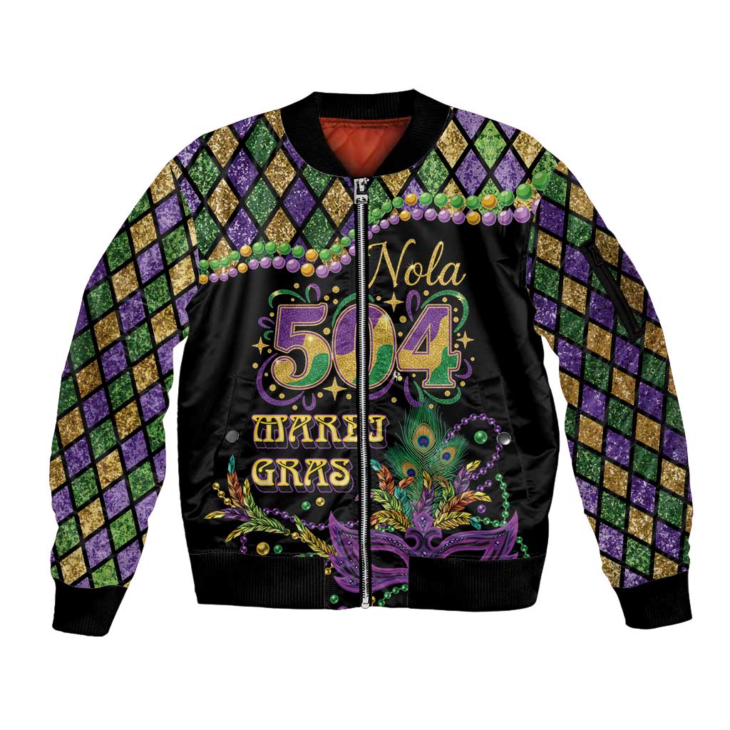Mardi Gras 504 Nola New Orleans Sleeve Zip Bomber Jacket Mask Up Beads Out - Wonder Print Shop