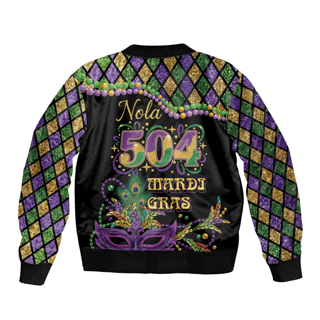 Mardi Gras 504 Nola New Orleans Sleeve Zip Bomber Jacket Mask Up Beads Out - Wonder Print Shop
