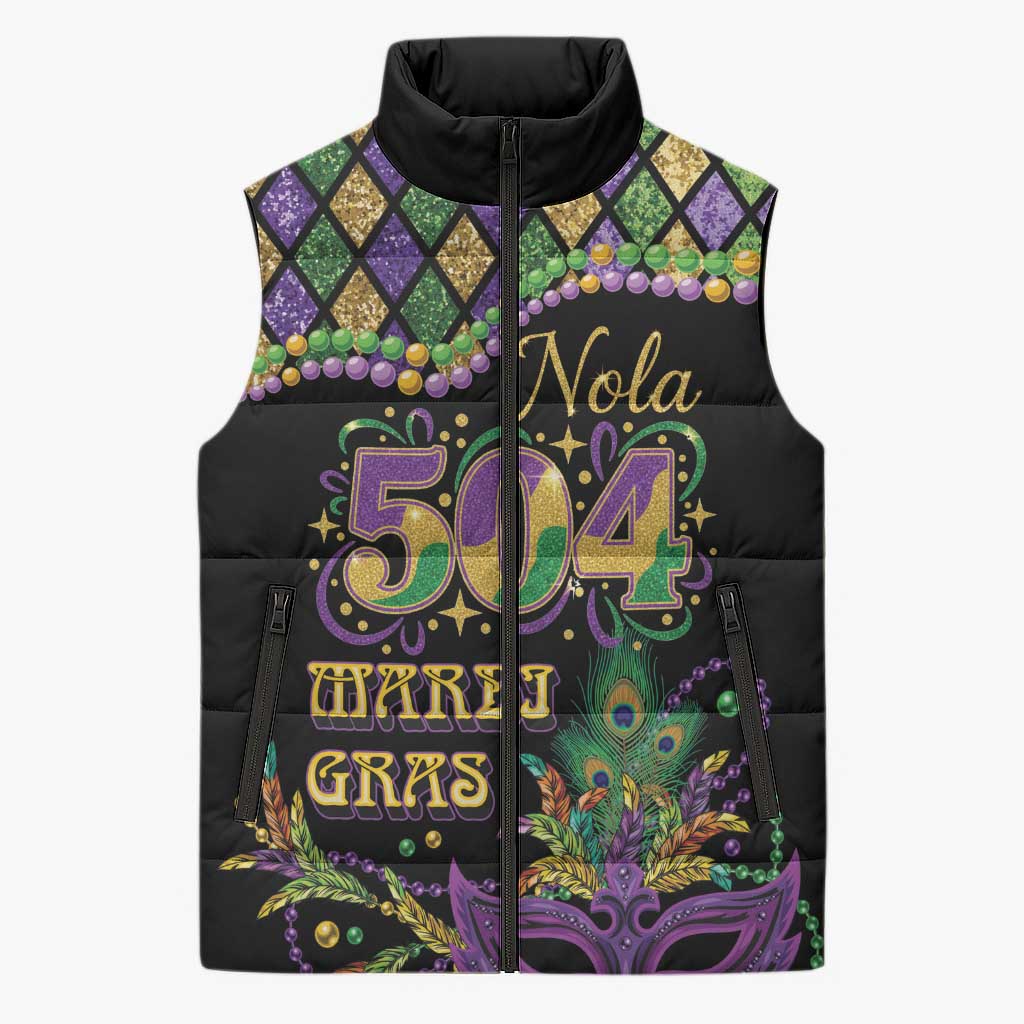 Mardi Gras 504 Nola New Orleans Sleeveless Puffer Jacket Mask Up Beads Out - Wonder Print Shop