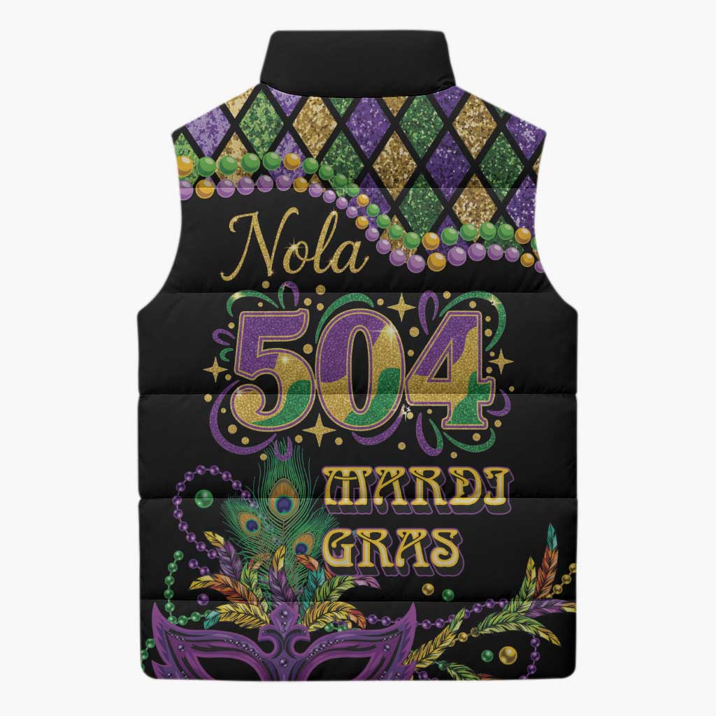 Mardi Gras 504 Nola New Orleans Sleeveless Puffer Jacket Mask Up Beads Out - Wonder Print Shop