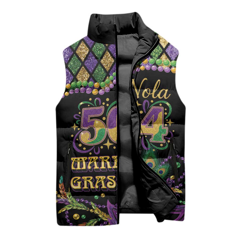 Mardi Gras 504 Nola New Orleans Sleeveless Puffer Jacket Mask Up Beads Out - Wonder Print Shop