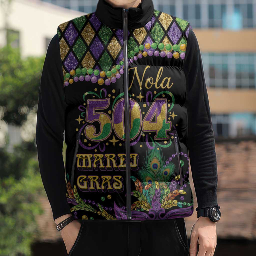 Mardi Gras 504 Nola New Orleans Sleeveless Puffer Jacket Mask Up Beads Out - Wonder Print Shop