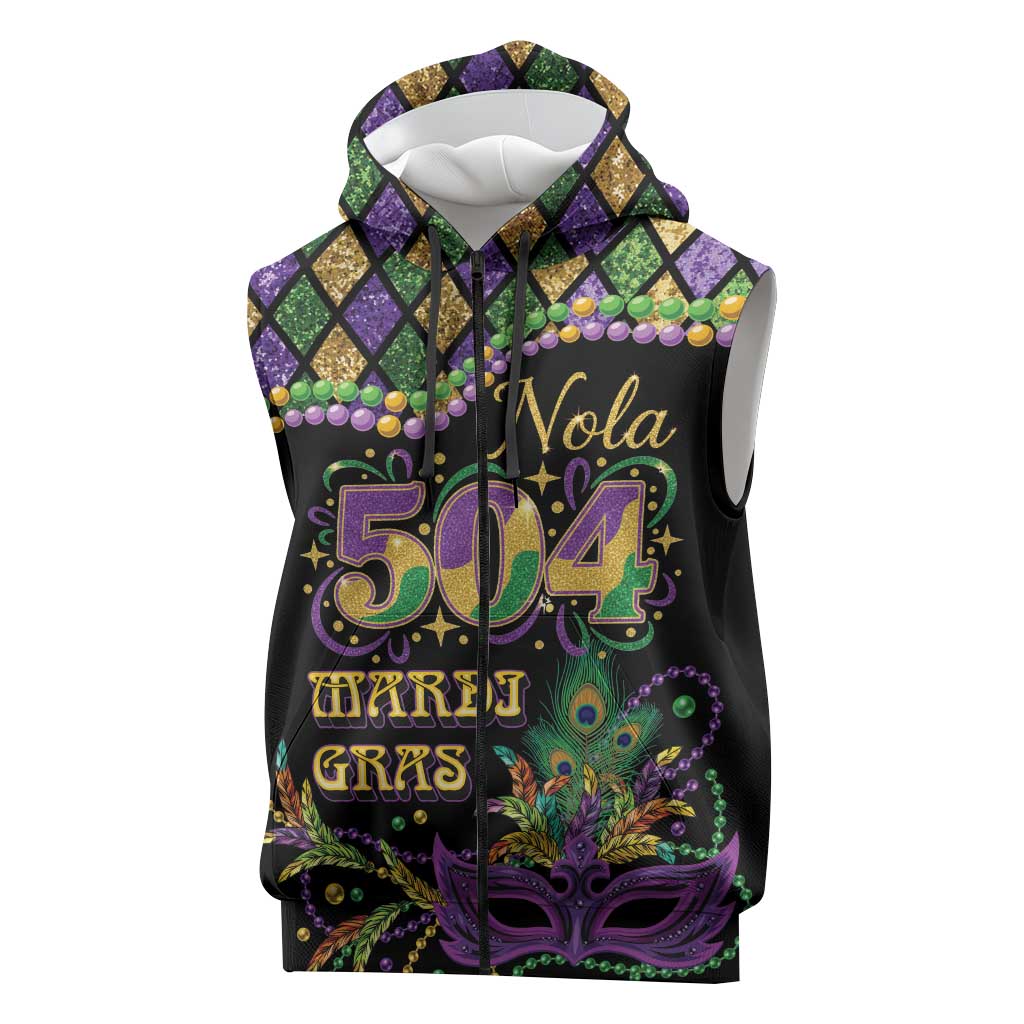 Mardi Gras 504 Nola New Orleans Sleeveless Zip Hoodie Mask Up Beads Out - Wonder Print Shop