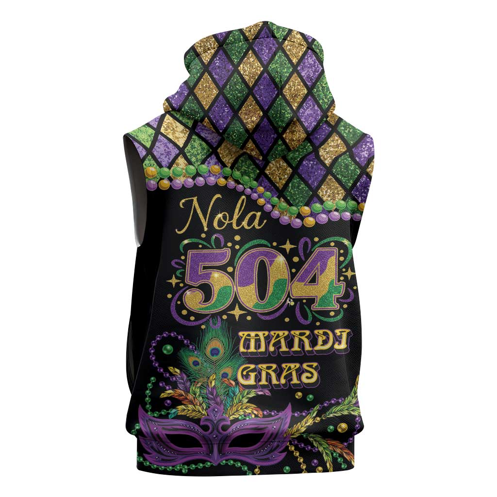 Mardi Gras 504 Nola New Orleans Sleeveless Zip Hoodie Mask Up Beads Out - Wonder Print Shop