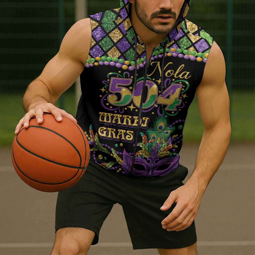 Mardi Gras 504 Nola New Orleans Sleeveless Zip Hoodie Mask Up Beads Out - Wonder Print Shop