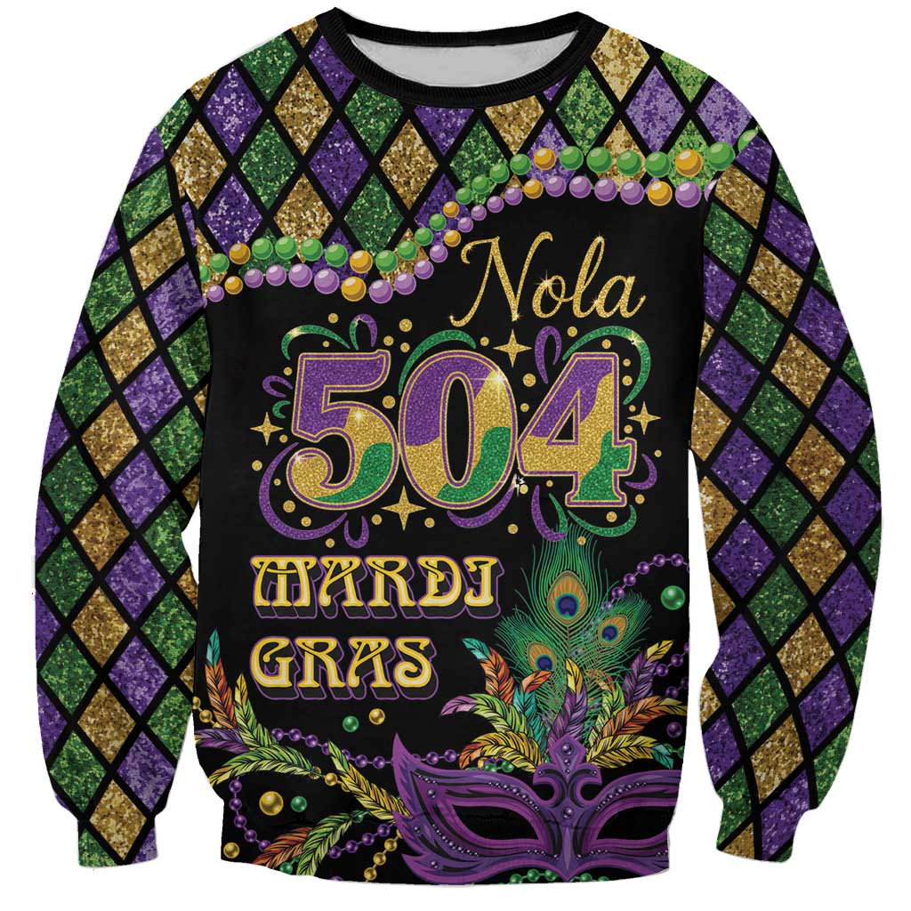 Mardi Gras 504 Nola New Orleans Sweatshirt Mask Up Beads Out - Wonder Print Shop