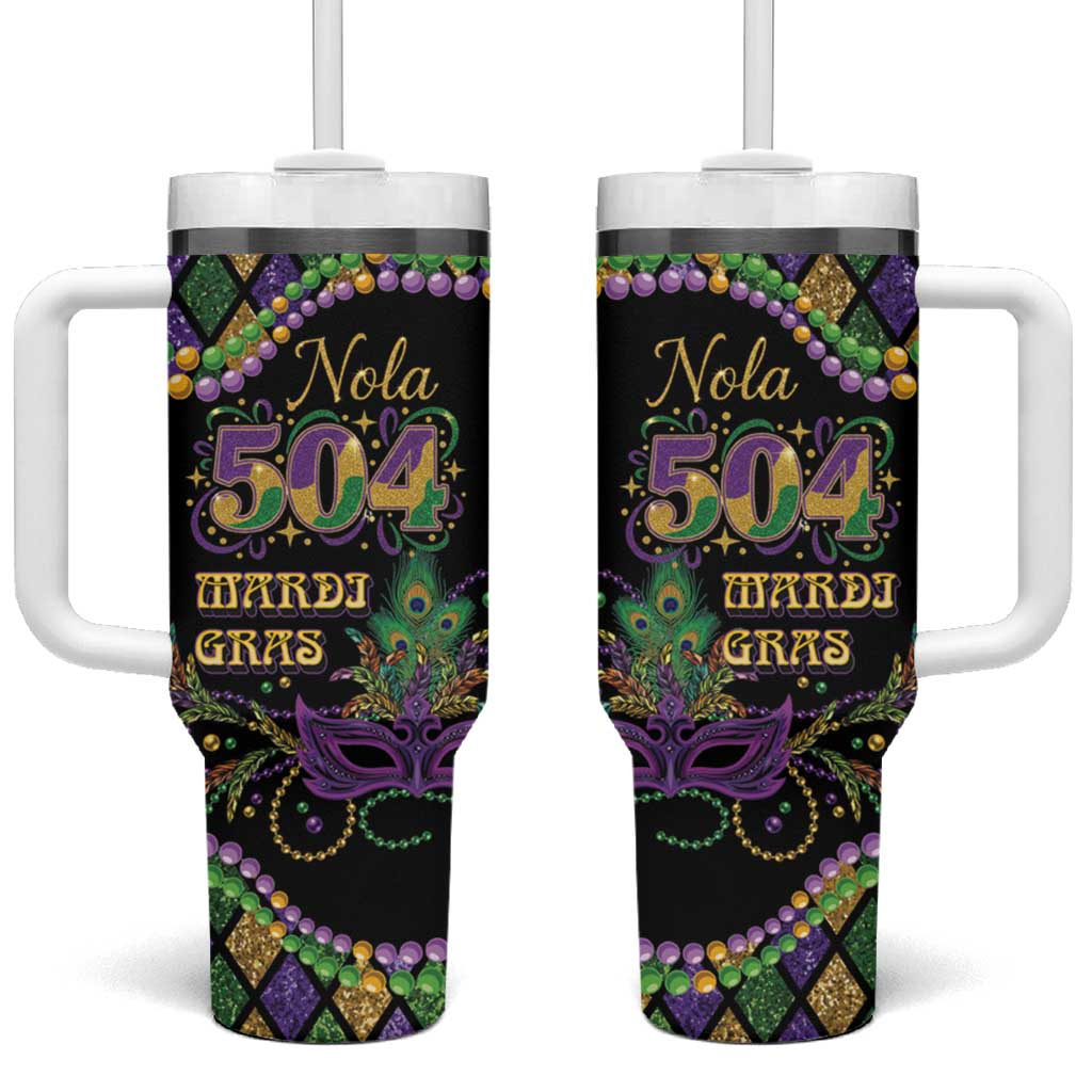 Mardi Gras 504 Nola New Orleans Tumbler With Handle Mask Up Beads Out - Wonder Print Shop