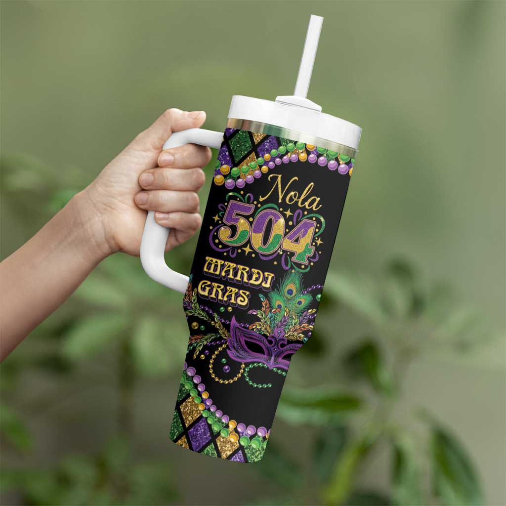 Mardi Gras 504 Nola New Orleans Tumbler With Handle Mask Up Beads Out - Wonder Print Shop