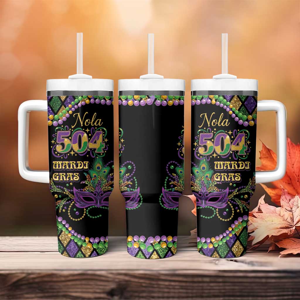 Mardi Gras 504 Nola New Orleans Tumbler With Handle Mask Up Beads Out - Wonder Print Shop