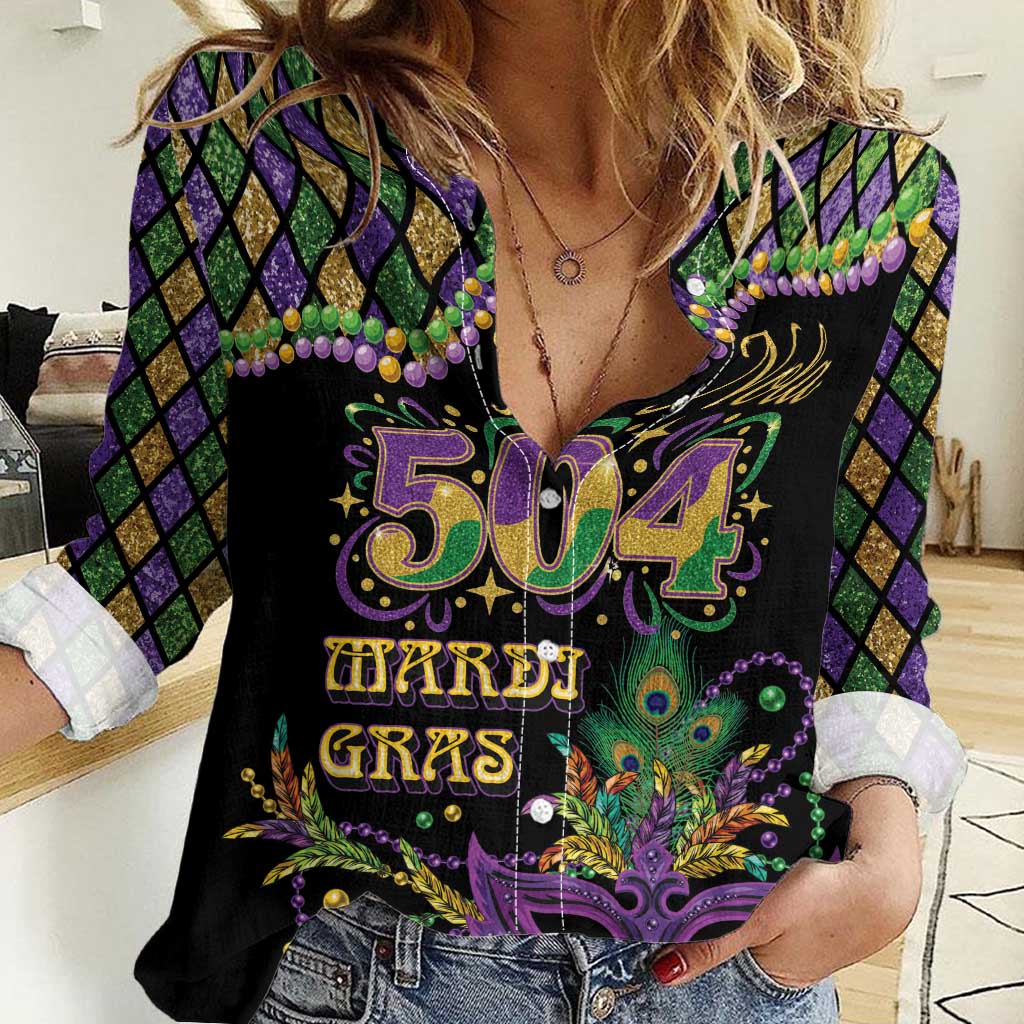 Mardi Gras 504 Nola New Orleans Women Casual Shirt Mask Up Beads Out - Wonder Print Shop