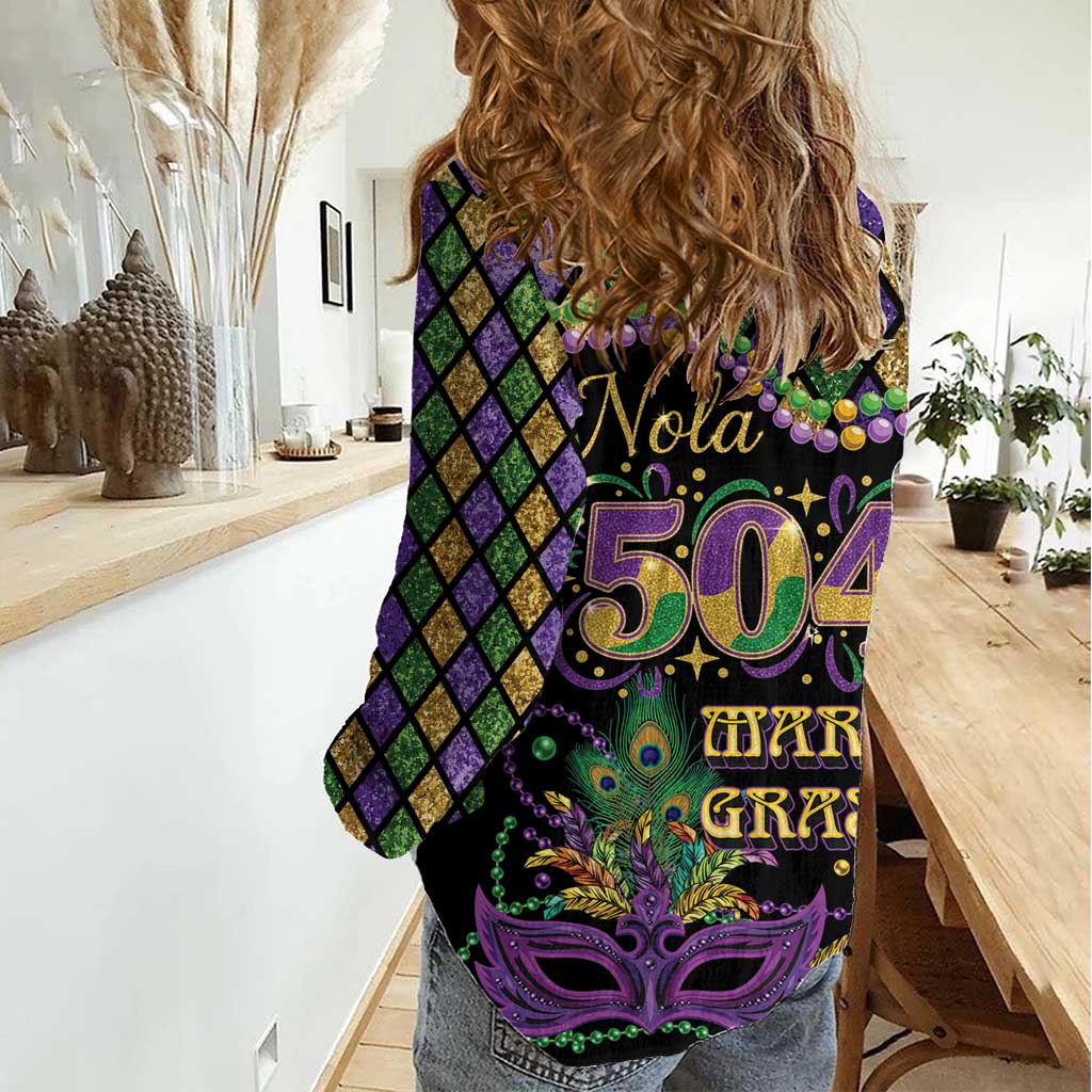 Mardi Gras 504 Nola New Orleans Women Casual Shirt Mask Up Beads Out - Wonder Print Shop