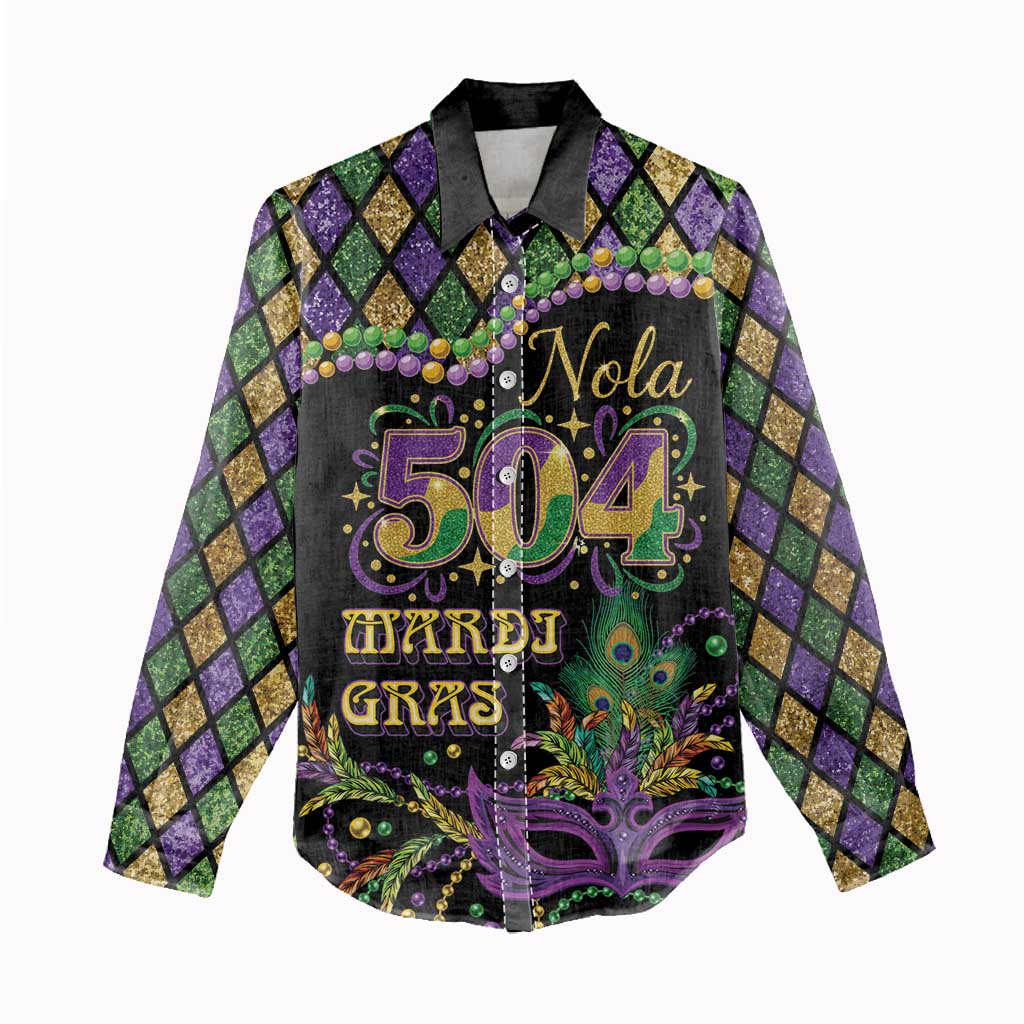 Mardi Gras 504 Nola New Orleans Women Casual Shirt Mask Up Beads Out - Wonder Print Shop