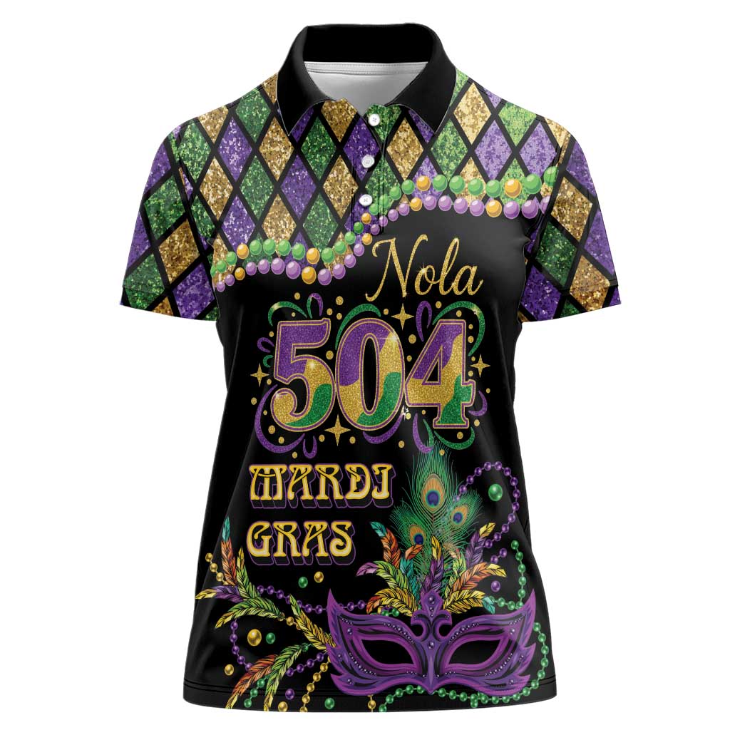 Mardi Gras 504 Nola New Orleans Women Polo Shirt Mask Up Beads Out - Wonder Print Shop