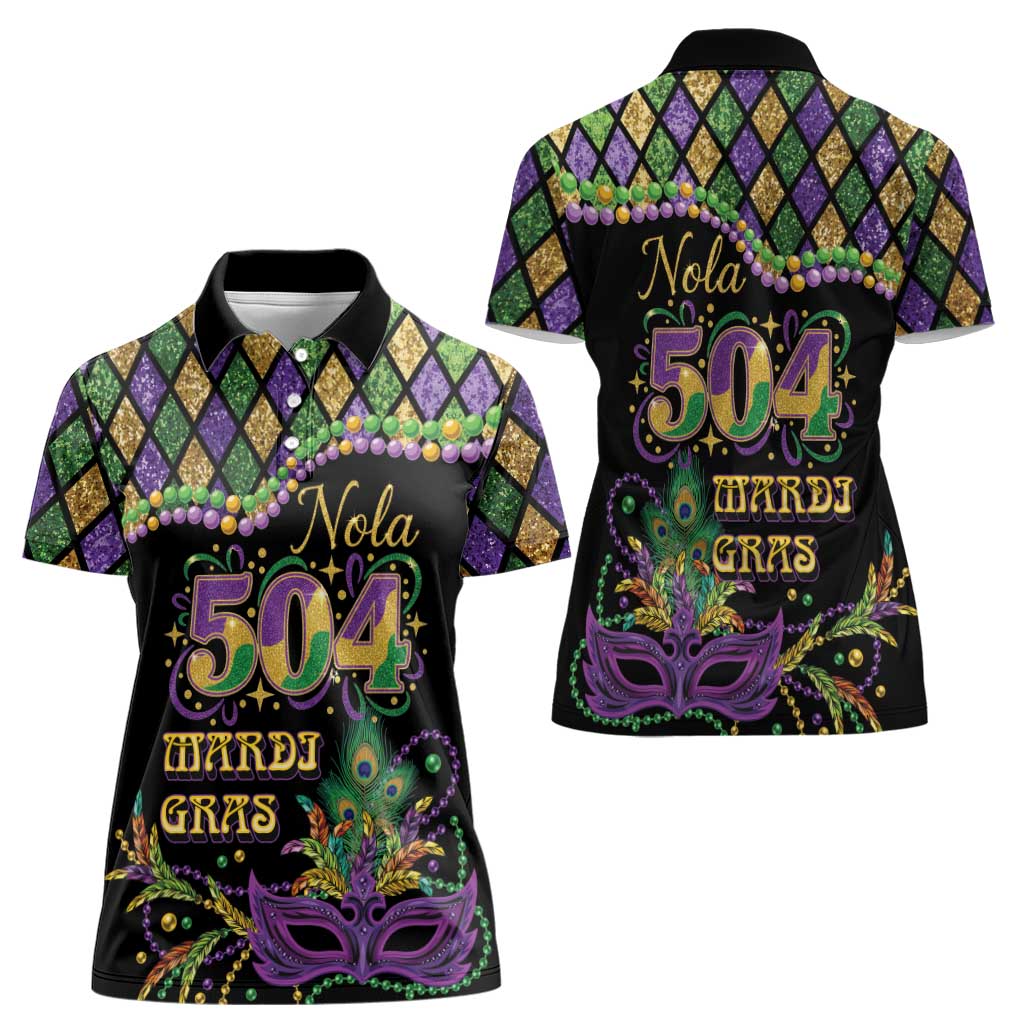 Mardi Gras 504 Nola New Orleans Women Polo Shirt Mask Up Beads Out - Wonder Print Shop