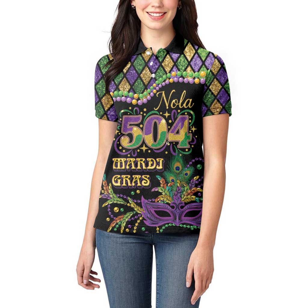 Mardi Gras 504 Nola New Orleans Women Polo Shirt Mask Up Beads Out - Wonder Print Shop