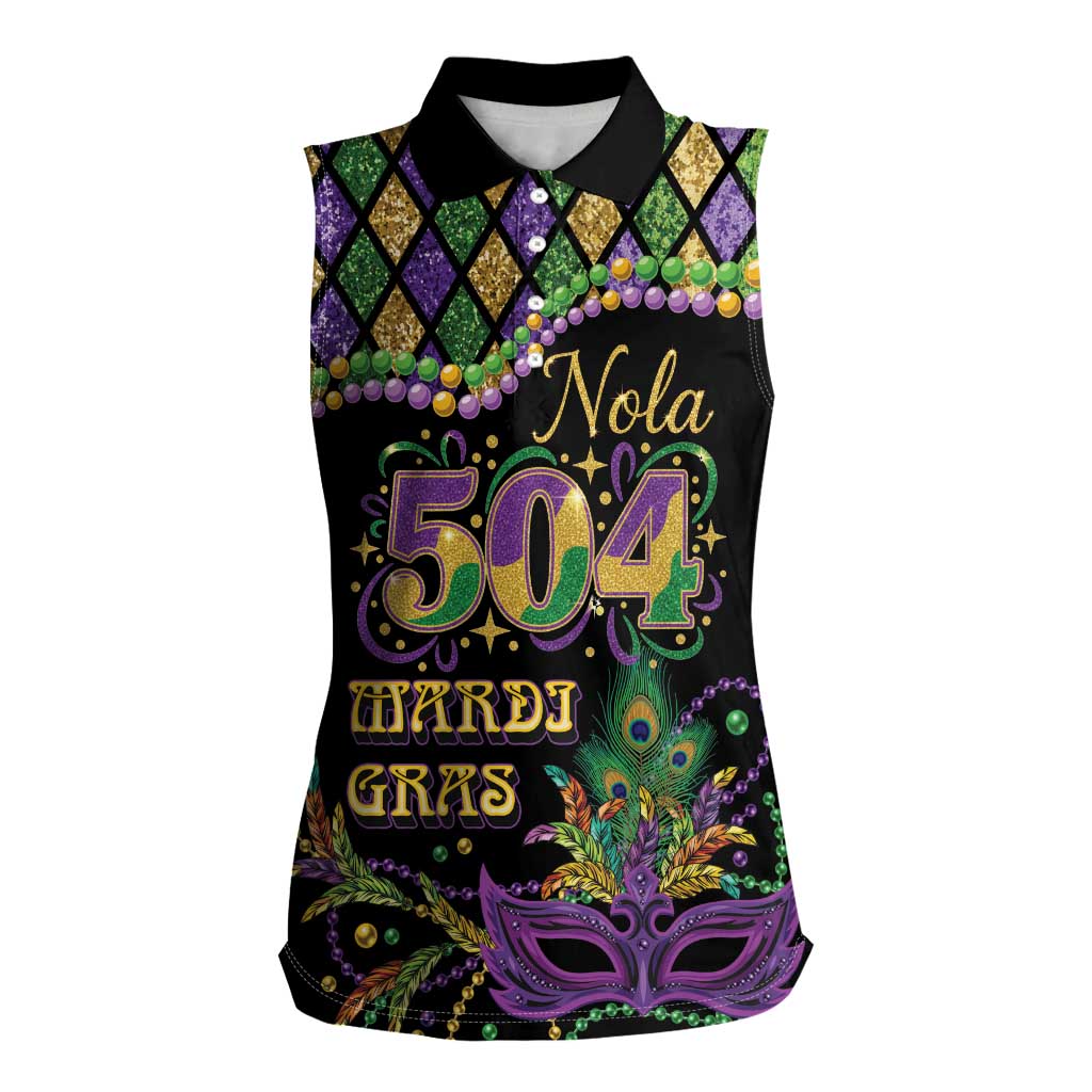 Mardi Gras 504 Nola New Orleans Women Sleeveless Polo Shirt Mask Up Beads Out - Wonder Print Shop