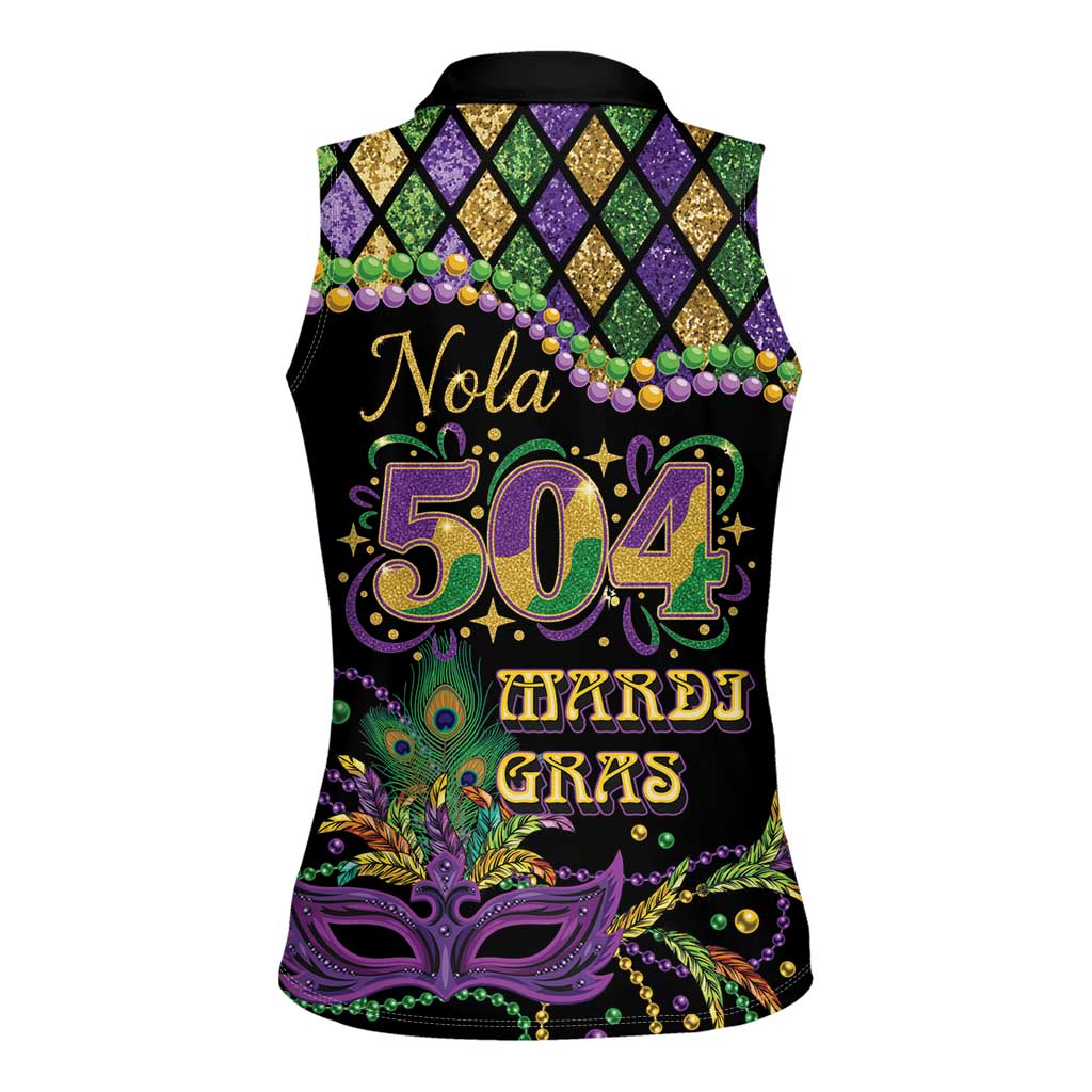 Mardi Gras 504 Nola New Orleans Women Sleeveless Polo Shirt Mask Up Beads Out - Wonder Print Shop