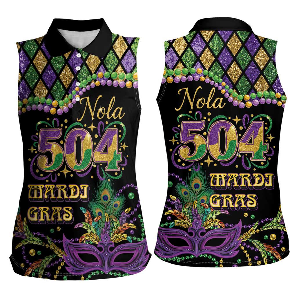 Mardi Gras 504 Nola New Orleans Women Sleeveless Polo Shirt Mask Up Beads Out - Wonder Print Shop