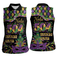 Mardi Gras 504 Nola New Orleans Women Sleeveless Polo Shirt Mask Up Beads Out - Wonder Print Shop