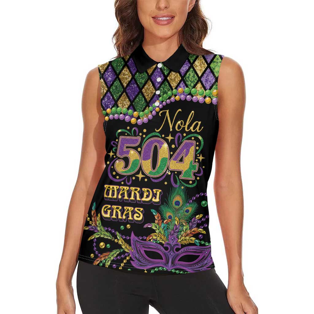 Mardi Gras 504 Nola New Orleans Women Sleeveless Polo Shirt Mask Up Beads Out - Wonder Print Shop