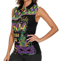 Mardi Gras 504 Nola New Orleans Women Sleeveless Polo Shirt Mask Up Beads Out - Wonder Print Shop