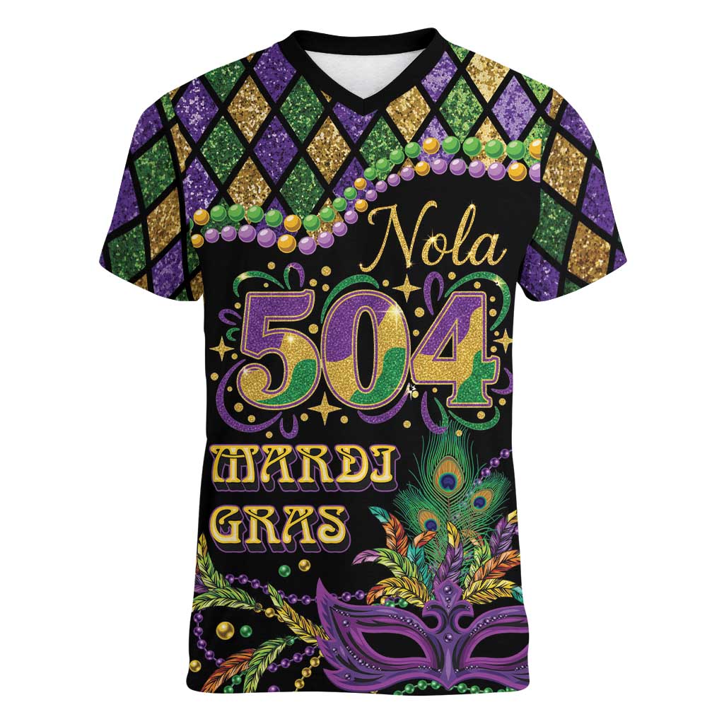 Mardi Gras 504 Nola New Orleans Women V-Neck T-Shirt Mask Up Beads Out - Wonder Print Shop