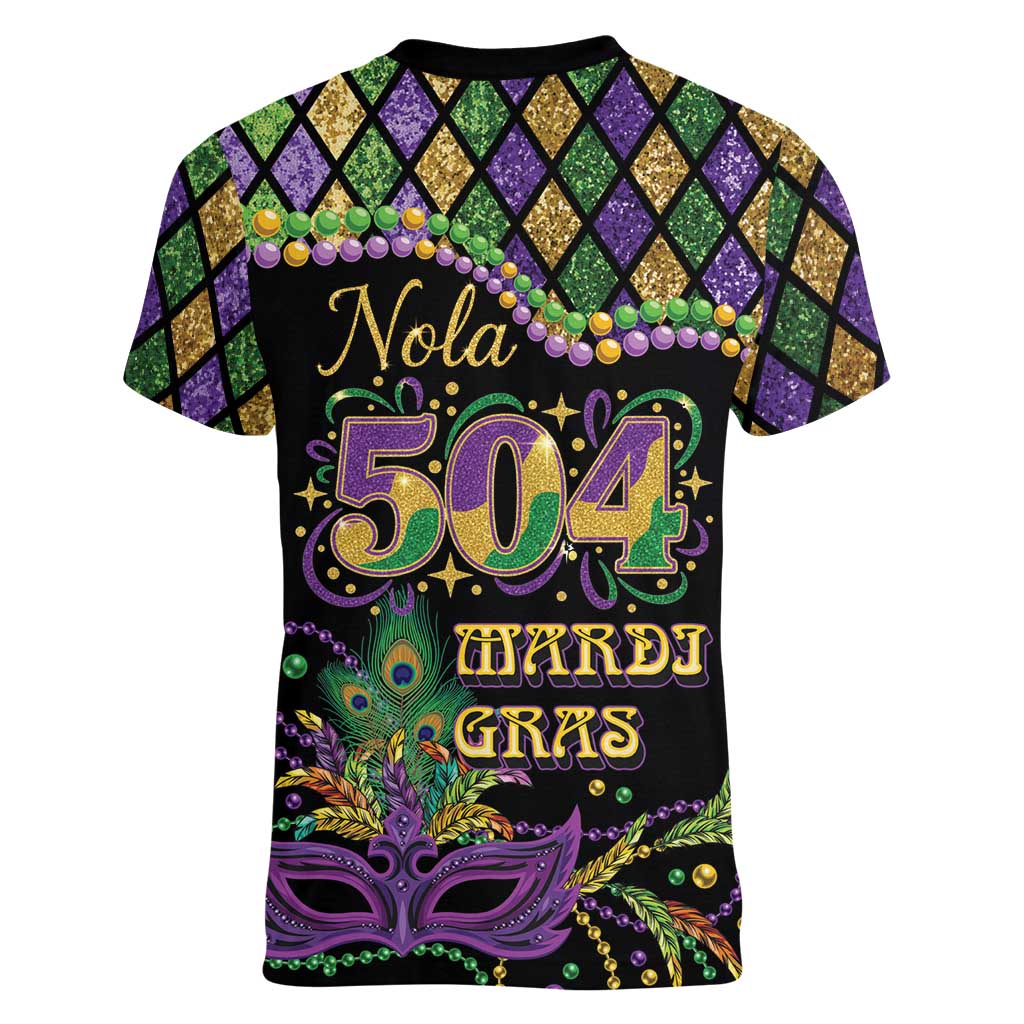 Mardi Gras 504 Nola New Orleans Women V-Neck T-Shirt Mask Up Beads Out - Wonder Print Shop