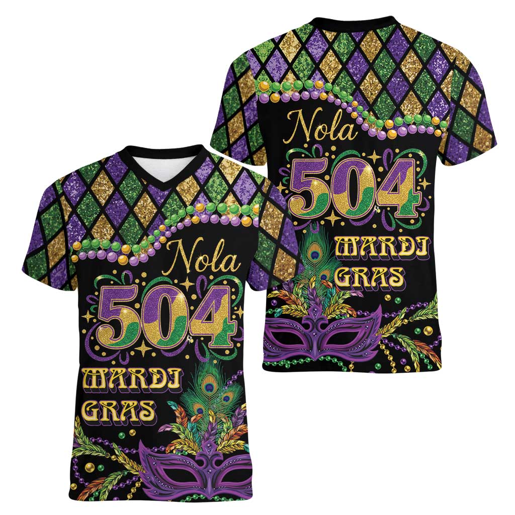 Mardi Gras 504 Nola New Orleans Women V-Neck T-Shirt Mask Up Beads Out - Wonder Print Shop