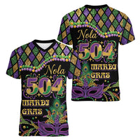 Mardi Gras 504 Nola New Orleans Women V-Neck T-Shirt Mask Up Beads Out - Wonder Print Shop