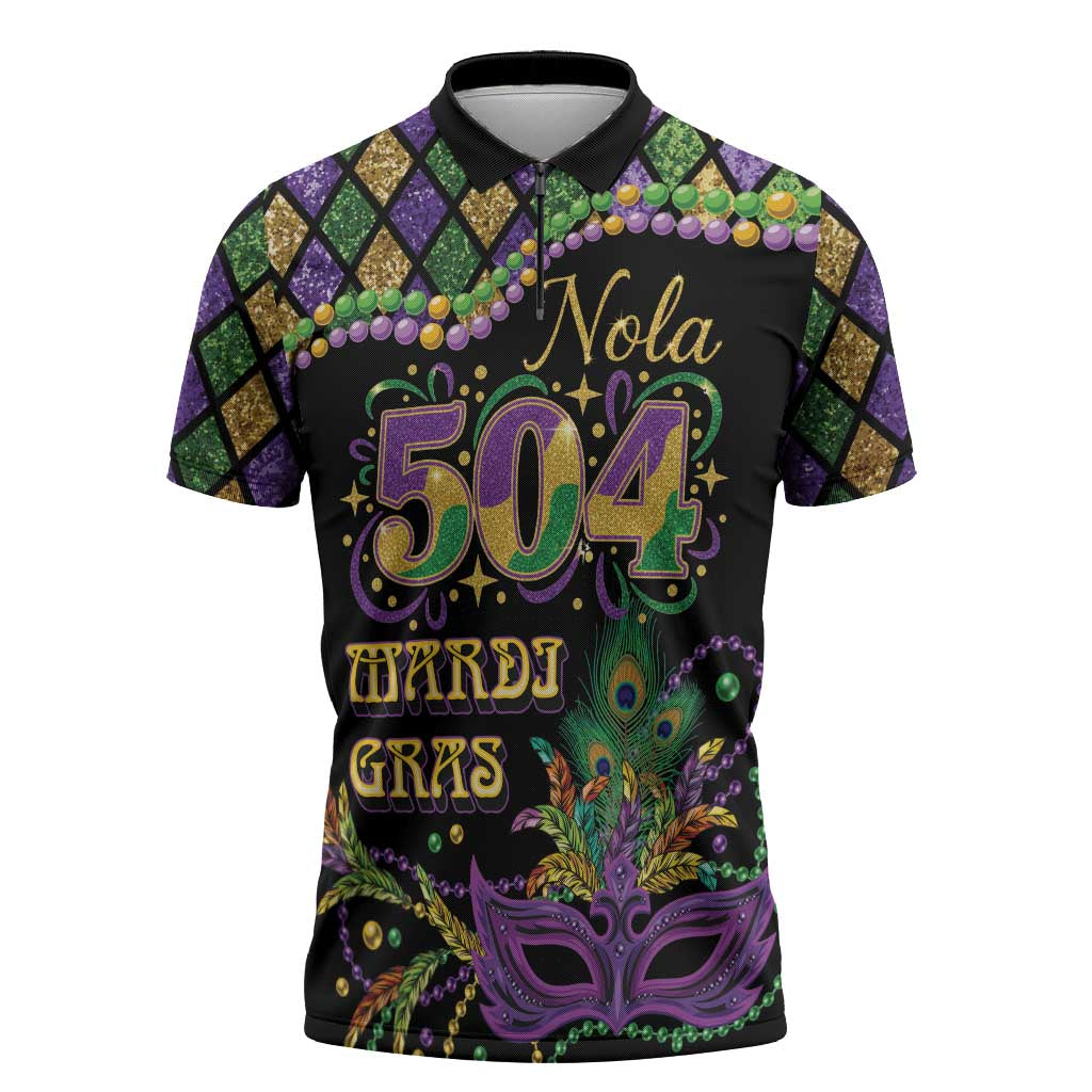 Mardi Gras 504 Nola New Orleans Zipper Polo Shirt Mask Up Beads Out - Wonder Print Shop