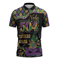 Mardi Gras 504 Nola New Orleans Zipper Polo Shirt Mask Up Beads Out - Wonder Print Shop
