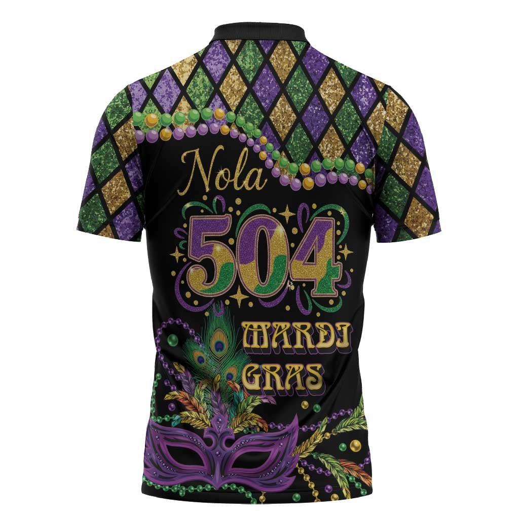 Mardi Gras 504 Nola New Orleans Zipper Polo Shirt Mask Up Beads Out - Wonder Print Shop