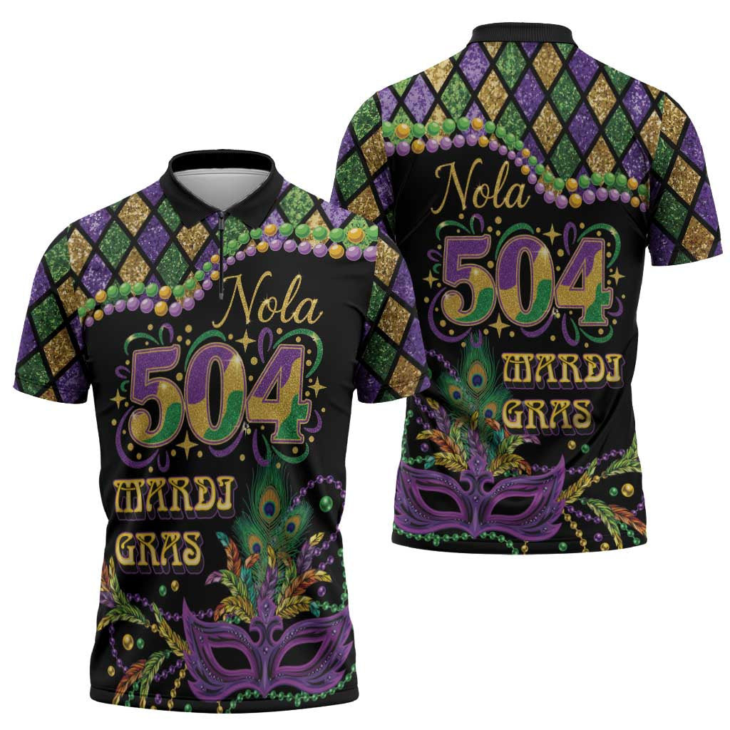 Mardi Gras 504 Nola New Orleans Zipper Polo Shirt Mask Up Beads Out - Wonder Print Shop
