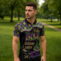 Mardi Gras 504 Nola New Orleans Zipper Polo Shirt Mask Up Beads Out - Wonder Print Shop