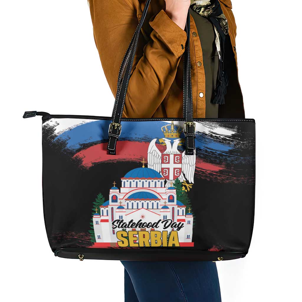Serbia Statehood Day Leather Tote Bag Saint Sava with Serbian Eagle