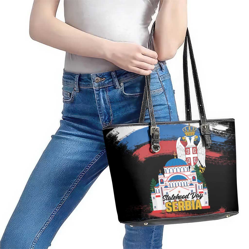 Serbia Statehood Day Leather Tote Bag Saint Sava with Serbian Eagle