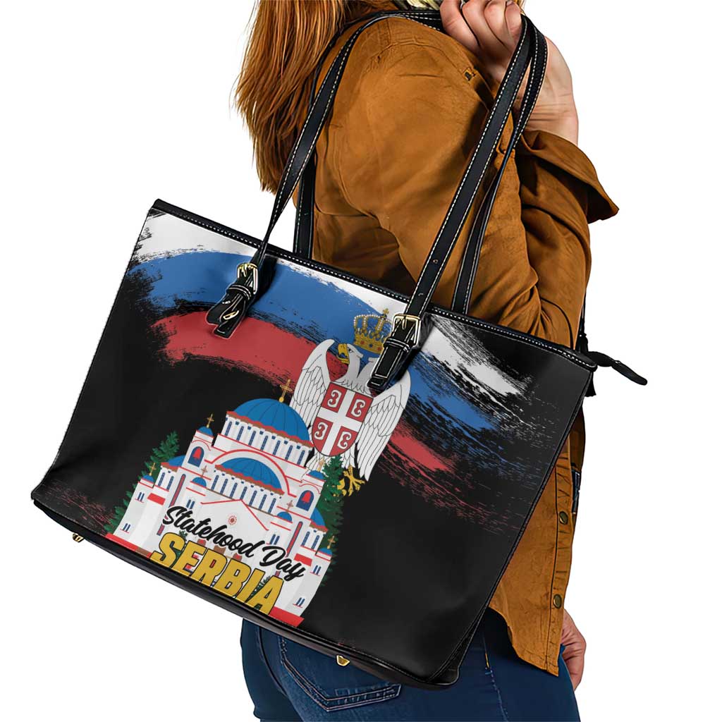 Serbia Statehood Day Leather Tote Bag Saint Sava with Serbian Eagle