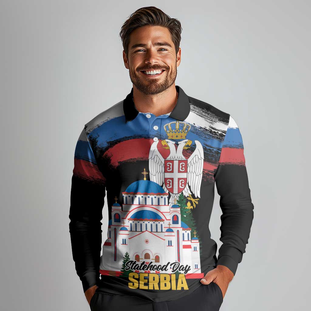 Serbia Statehood Day Long Sleeve Polo Shirt Saint Sava with Serbian Eagle