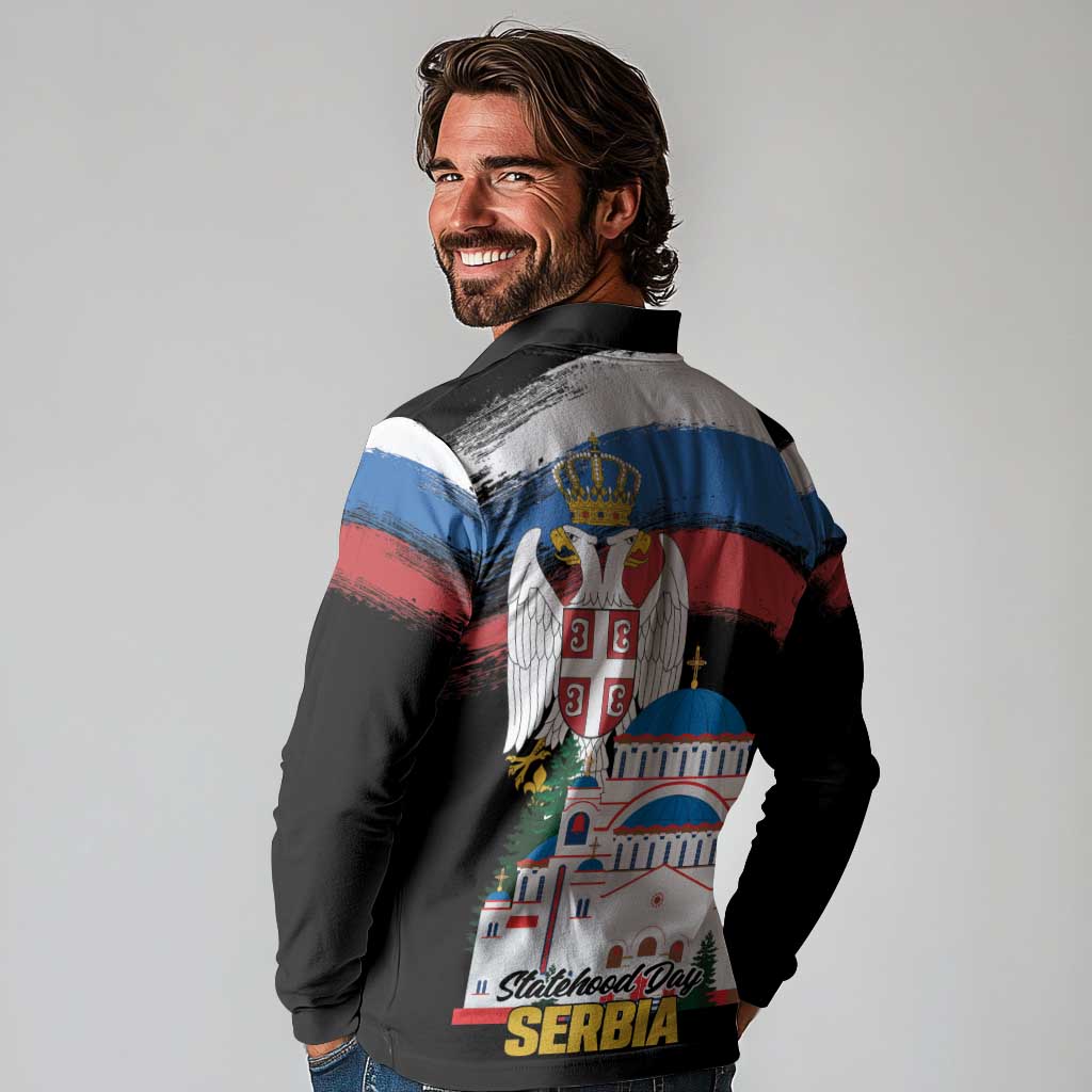 Serbia Statehood Day Long Sleeve Polo Shirt Saint Sava with Serbian Eagle